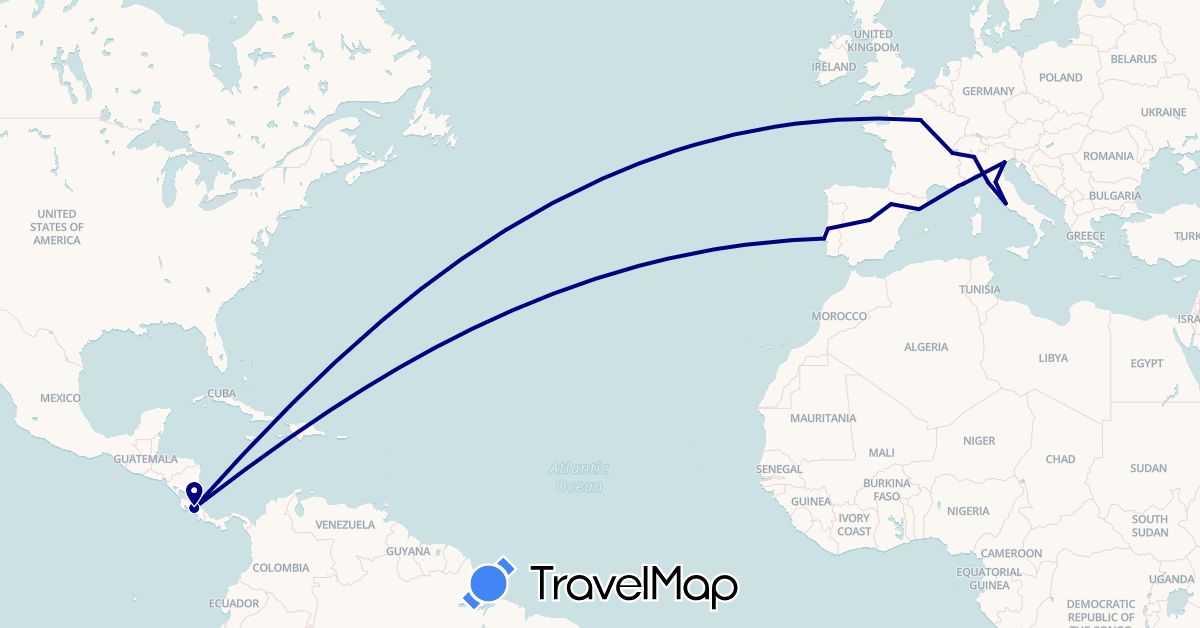 TravelMap itinerary: driving in Switzerland, Costa Rica, Spain, France, Italy, Monaco, Portugal (Europe, North America)